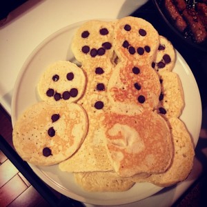 Our snowman pancakes when I was done with them - a little messy but really cute and easier than I expected to make.